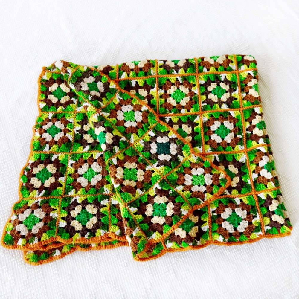 Vintage Granny Square Crochet Afghan Throw Blanket Green Brown Orange